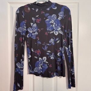 Free People black gray blue purple floral long sleeve button up back mockneck